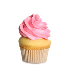 Delicious cupcake decorated with pink cream isolated on white. Birthday treat