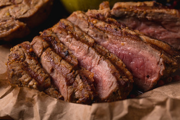 grilled meat medallions grilled vegetables dark background craft bbq