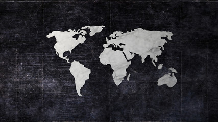 White marble world map on dark dirty concrete wall