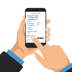 Book airplane seat online by app. Vector hand holds phone and buys ticket. Travel web banner in a trendy style. Technology concept.