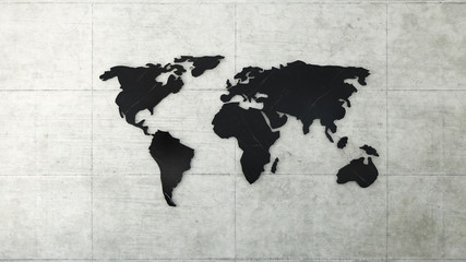 Black marble world map on concrete wall