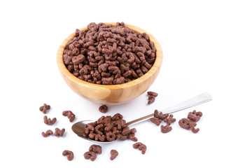 Cornflake chocolate or cornflake nature in the bowl wood is a healthy breakfast that is diet food for every day on top view in white background.