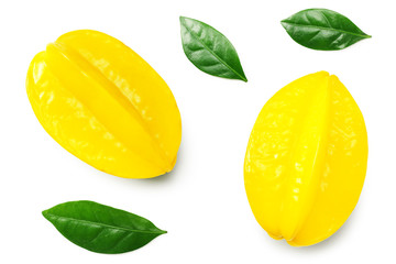 Yellow Carambola with green leaves isolated on white background. top view