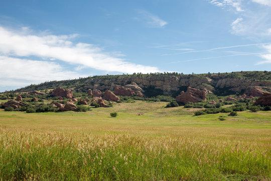 Dramatic red sandstone formation at South Valley Park in Colorado