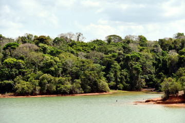 Green landscape of Panama Canal, view from the transiting cargo ship.