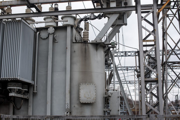 Power transformer at the electrical substation. Power engineering. Industry