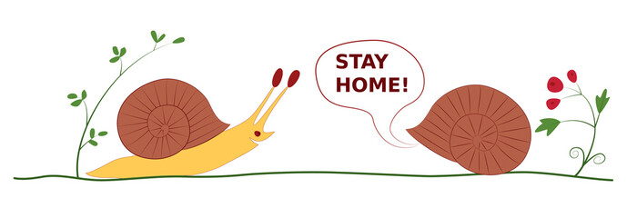 Cartoon drawing on the topic of quarantine. The meeting of two snails. One is hiding in the house, so as not to get infected. Text Stay home. Safety education for children. Vector illustration