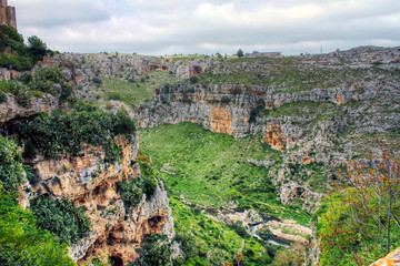 Overview of the ravine of Matera (Gravina of Matera), Basilicata, Italy