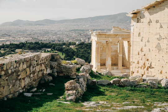 Parthenon temple columns with city view. Acropolis in Athens, Greece.