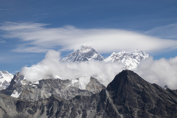 Scenic view of Mount Everest 8,848 m and Lhotse 8,516 m at gokyo ri mountain peak near gokyo lake during everest base camp trekking nepal