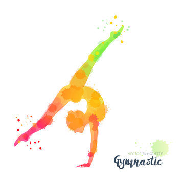Silhouettes of a gymnastic girl. Watercolor illustration on white background