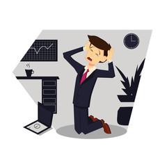 Upset businessman in mask kneeling on office. Color vector illustration