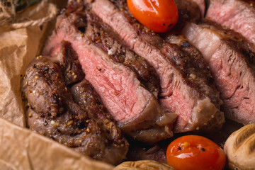 grilled meat medallions grilled vegetables dark background craft bbq