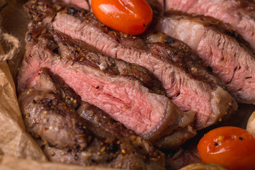 grilled meat medallions grilled vegetables dark background craft bbq