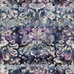 Seamless mixed media collage design in old aged worn look. Hand drawn Victorian damask design overlaid, mottled, and distressed on fabric texture. Seamless repeat raster jpg pattern swatch.