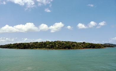 Landscape of the Panama Canal. View from the transiting cargo ship. 