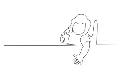 one line drawing. Joyful baby eating from bottle