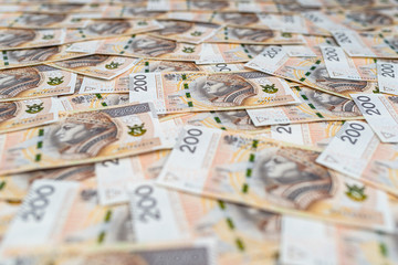 Background made from the front side of the Polish 200 PLN banknote, background for finance and economics.
