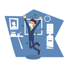 Joyful businessman jumping in office room. Color vector illustration