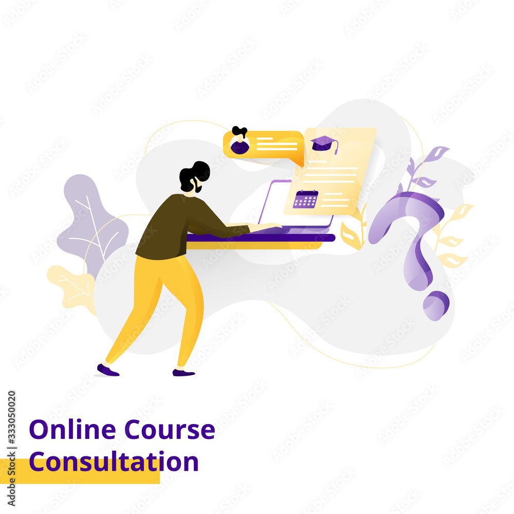 Poster landing page illustration online course consultation. the concept of men learning on a computer scre