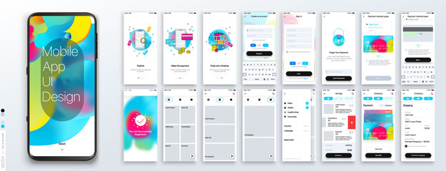 Design of the Mobile Application, UI, UX. Set of GUI Screens with Login and Password input, and screens with a choice of products, checkout, payment, delivery. - obrazy, fototapety, plakaty