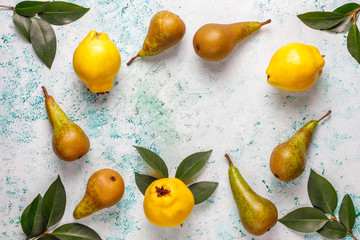 Fresh organic farm fruits,pears,quince,top view