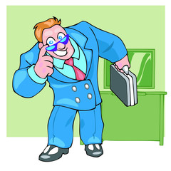 Boss businessman laughs and and holding suitcase. Front view. Color vector flat cartoon illustration. Pop art retro style