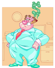 Boss businessman laughs and smokes a cigar. Front view. Color vector flat cartoon illustration. Pop art retro style