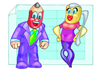 Businessman in a tie with a pencil head and woman in the form of a pen. Front view. Color vector flat cartoon illustration. Pop art retro style.