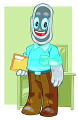 Businessman with paperclip head holding documents folder. Side view. Color vector flat cartoon illustration. Pop art retro style