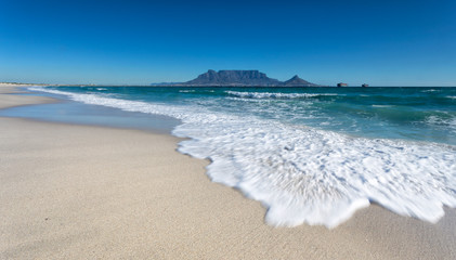Wide-angle view of Table Mountain as seen from Blouberg Beach in Cape Town South Africa