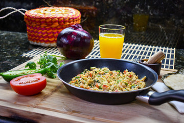 Traditional Mexican style scrambled egg made with onion, jalapeno and tomato.