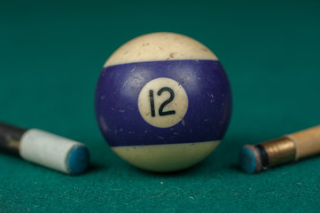 Billiards balls and cue on billiards table. Billiard sport concept.