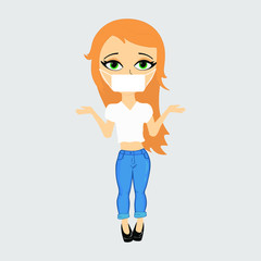 Vector illustration of a young red hair girl in a mask for protection against viruses. Vector character