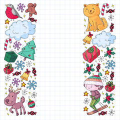 Christmas pattern with little children. Kids play and have fun during winter vacations.