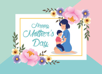 beautiful mother with son and floral frame mothers day card