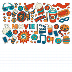 Online cinema vector icons. Background with popcorn, movie illustration, musical notes.