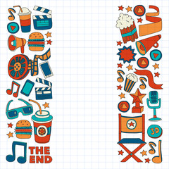 Obraz premium Online cinema vector icons. Background with popcorn, movie illustration, musical notes.