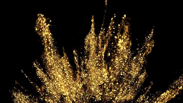 Abstract golden glitter explosion in slow motion. Bokeh background with shining defocus blurred sparkles. Dust macro close up backdrop with logo copy space and alpha channel. 4k ProRes422