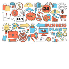 Online business and management school. Pattern with finance icons. Projects organization, risk, development. Team working, budget planning.