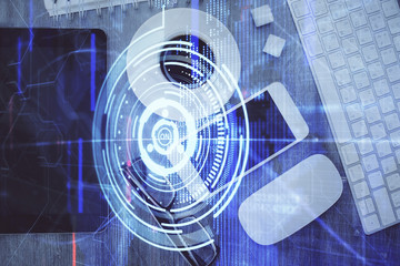 Multi exposure of technology theme drawing over work table desktop. Top view. Global data analysis concept.