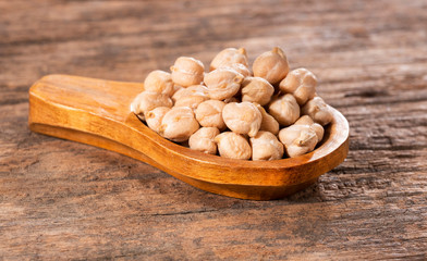 Organic Dried Chick Peas in Wooden Spoon - Cicer arietinum