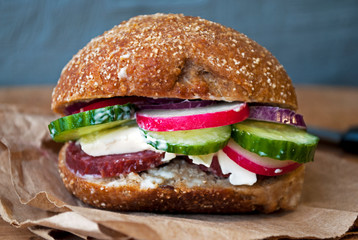 Gluten free food. Sandwich with buckwheat squirrel. Sandwich with salami, cheese and vegetables: readis, onions, cucumber. Hamburger, gluten free burger.
