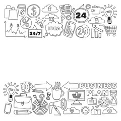 Obraz premium Online business and management school. Pattern with finance icons. Projects organization, risk, development. Team working, budget planning.