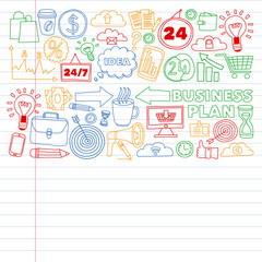 Online business and management school. Pattern with finance icons. Projects organization, risk, development. Team working, budget planning.