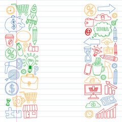 Online business and management school. Pattern with finance icons. Projects organization, risk, development. Team working, budget planning.