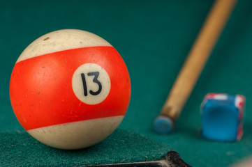 Billiards balls and cue on billiards table. Billiard sport concept.
