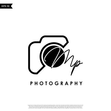Initial Letter MP with camera. Logo photography simple luxury vector.