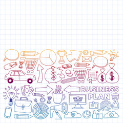 Online business and management school. Pattern with finance icons. Projects organization, risk, development. Team working, budget planning.