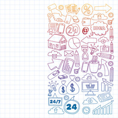 Online business and management school. Pattern with finance icons. Projects organization, risk, development. Team working, budget planning.